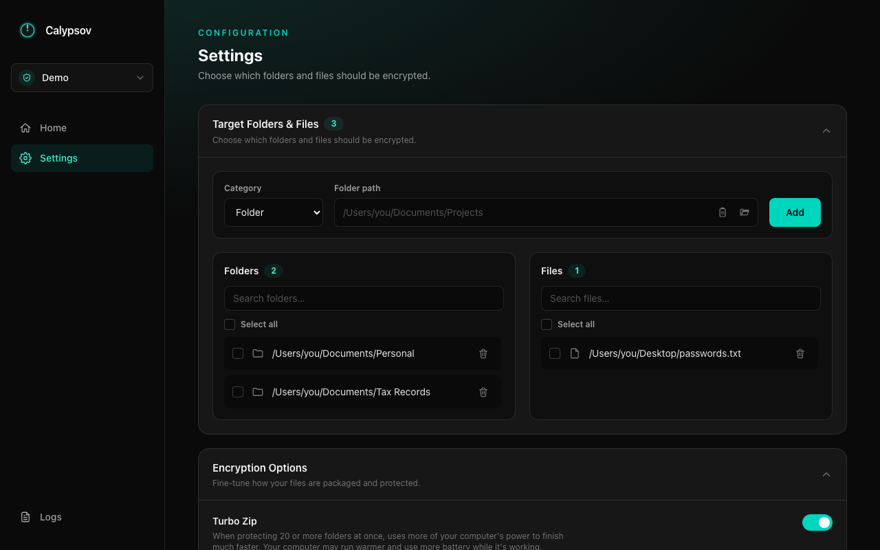 Calypsov settings screen